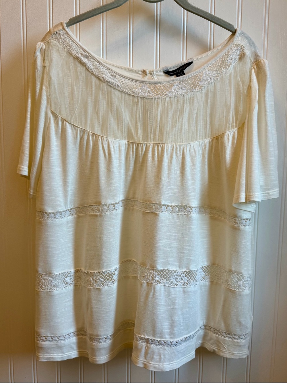 American Eagle Outfitters Cream Lace-Trim Short Sleeve Tunic